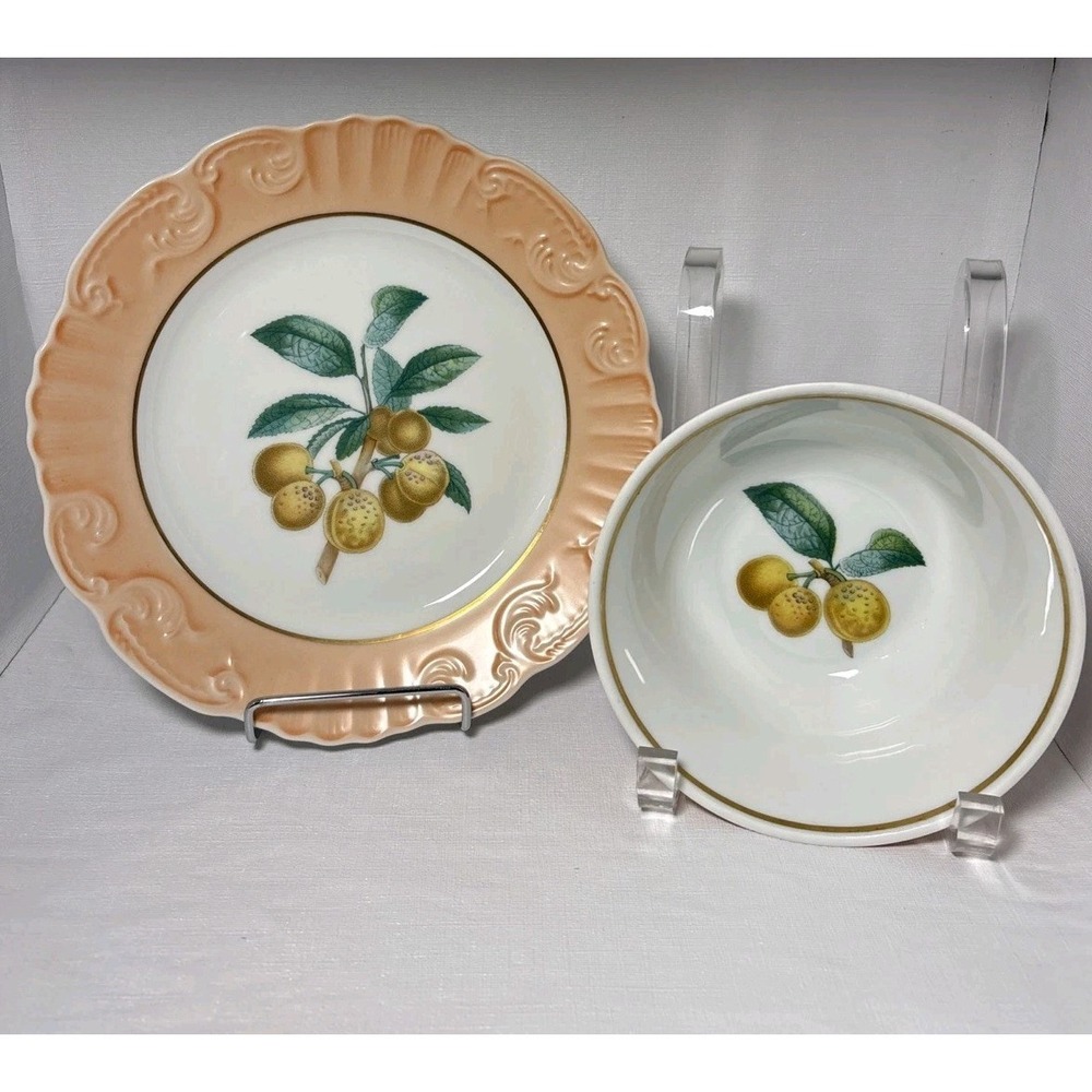 Mottahedeh Dessert Plate And Bowl Set Apricot Design Summer Fruit Collection